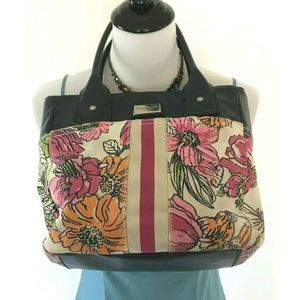 Floral Canvas Tote Bag with Black Leather Trim
